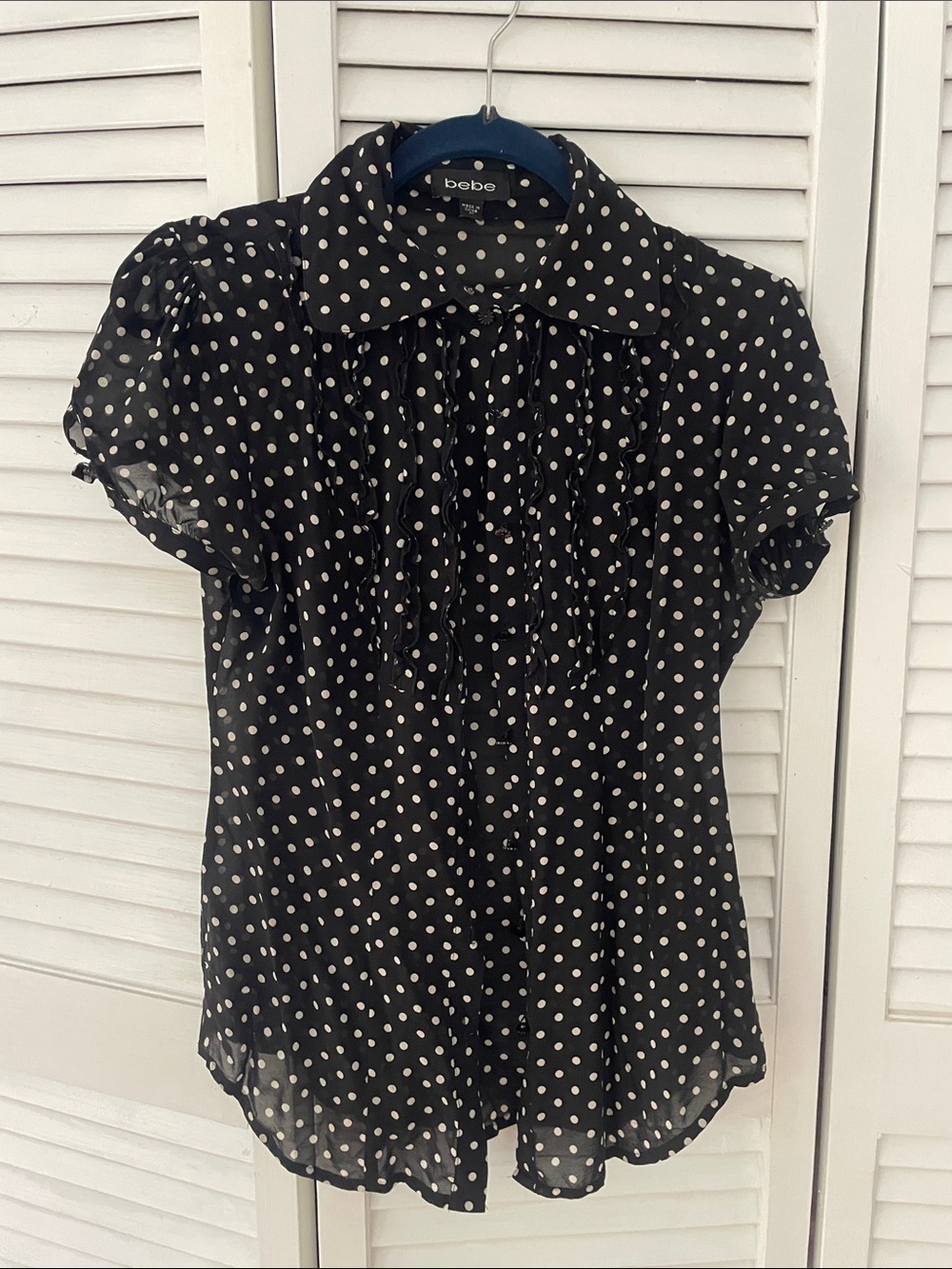 bebe sheer silky Black and White Polka Dot Ruffle Front Blouse